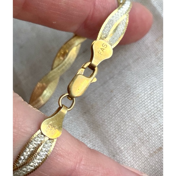 Two-Toned 925 Sterling Silver & Gold Overlay Bracelet Flat Herringbone Twist - Picture 7 of 13